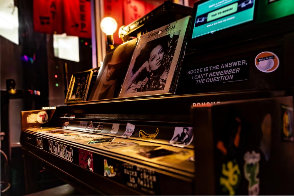 Piano and entertainment area inside Schmittys WeHo