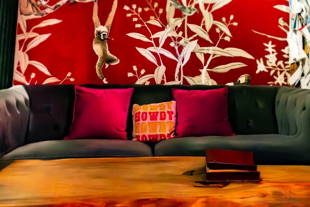 Lounge seating and decor inside Schmittys WeHo