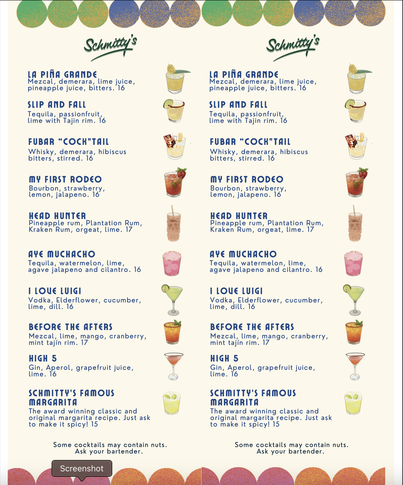 Cocktail menu displayed at Schmittys WeHo bar in West Hollywood